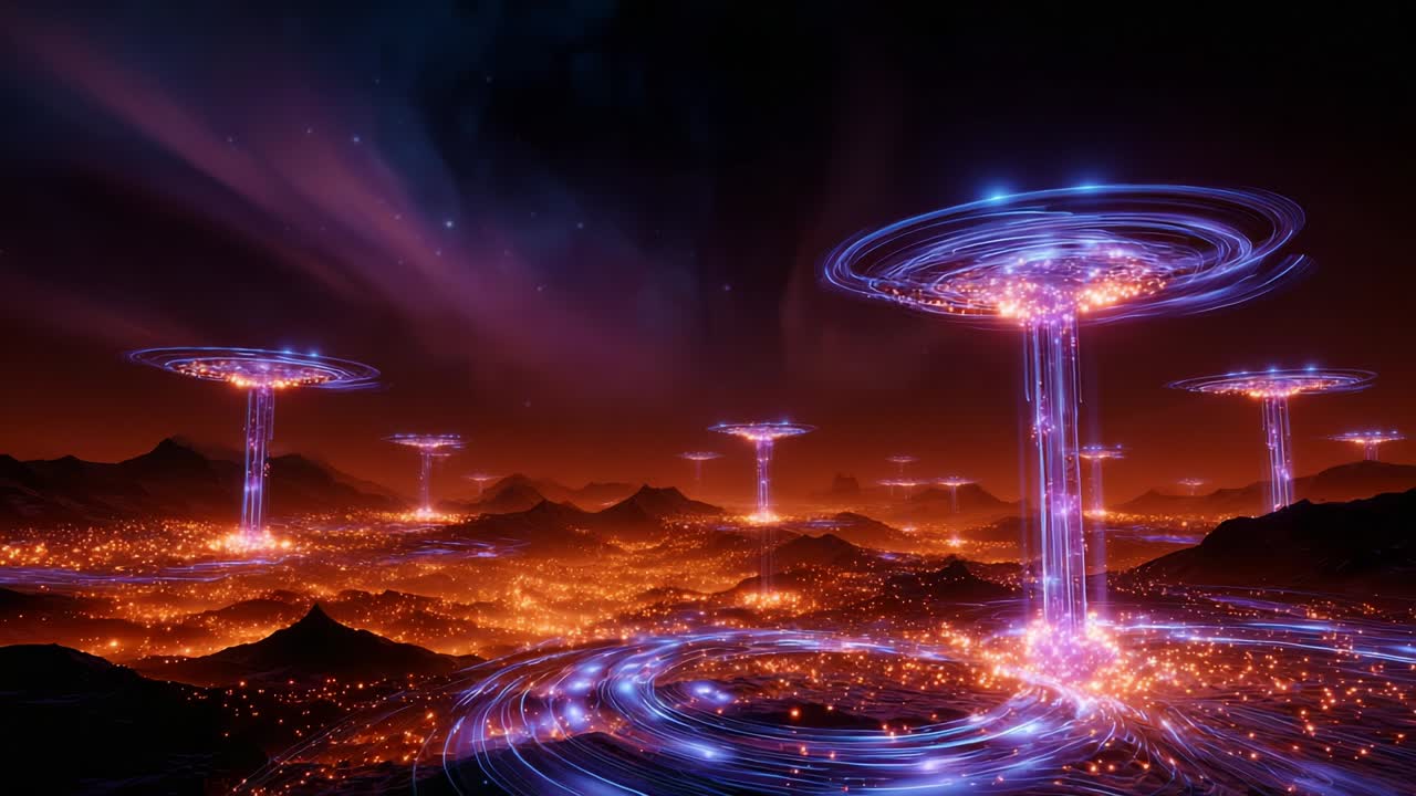 A Stunning Visual of Futuristic Alien Structures Rising in the Night Sky Above a Glimmering City, Surrounded by Majestic Mountains and Shimmering Lights, Evoking a Sense of Mystery and Wonder