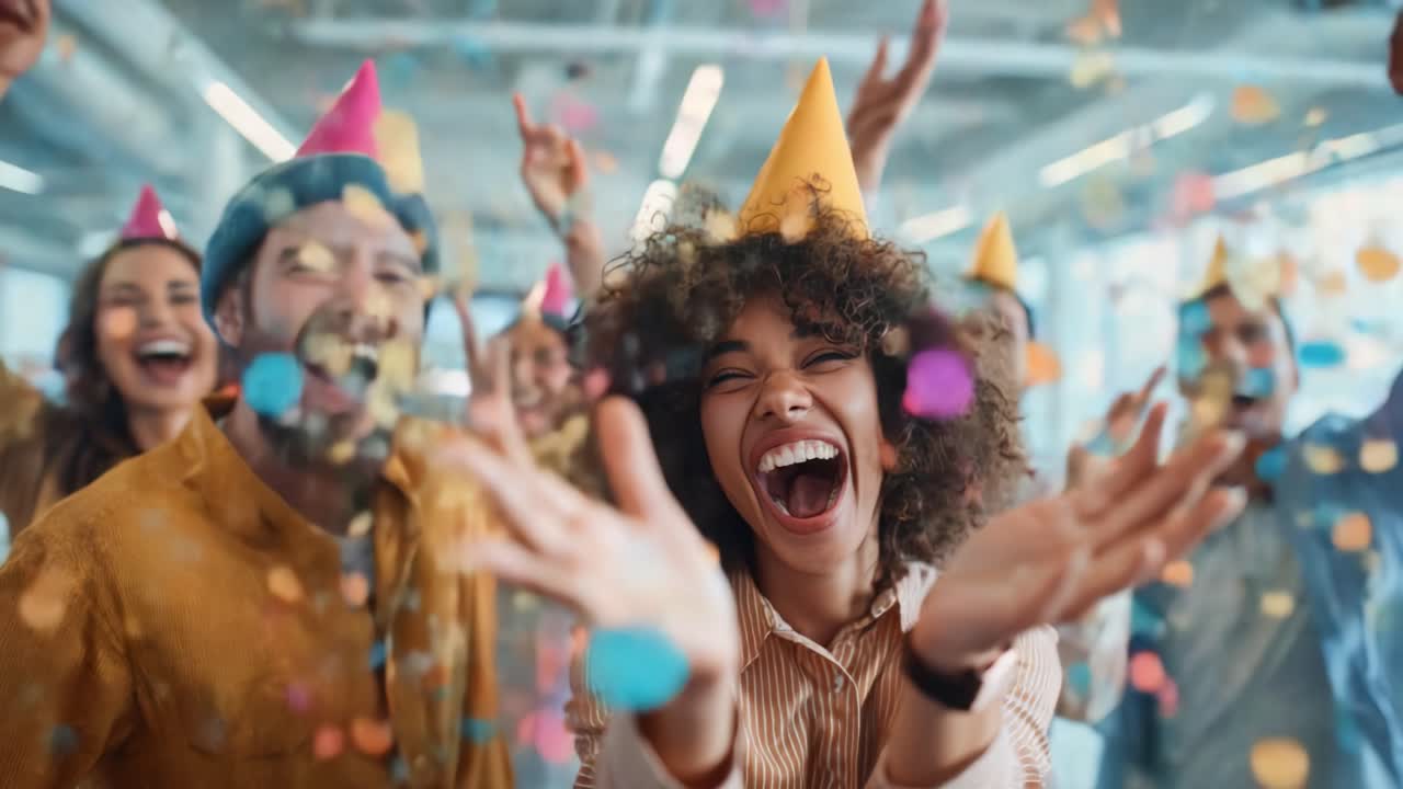 Festosa celebrazione: un gruppo di amici con cappellini da festa colorati si scambiano allegre vibrazioni mentre cadono coriandoli, incarnando lo spirito di divertimento e di unione in un'atmosfera festosa