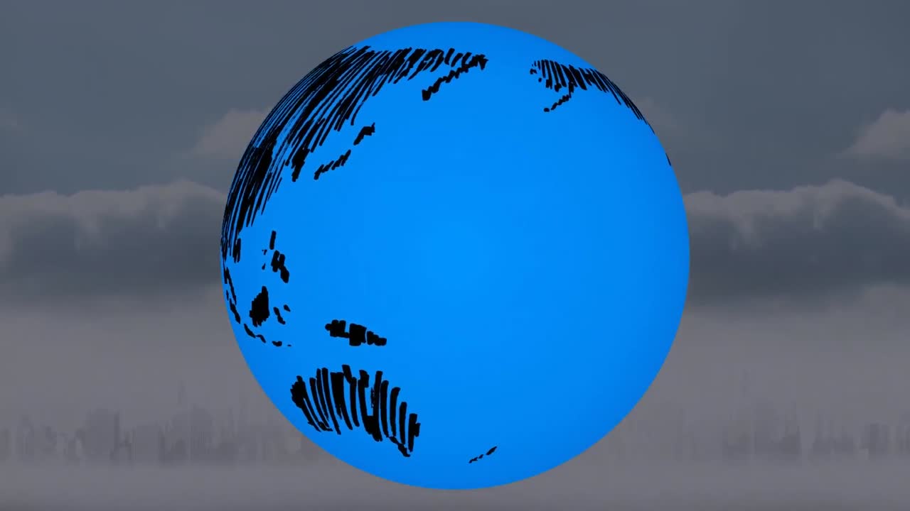 도시 풍경 위에서 회전하는 지구의 애니메이션