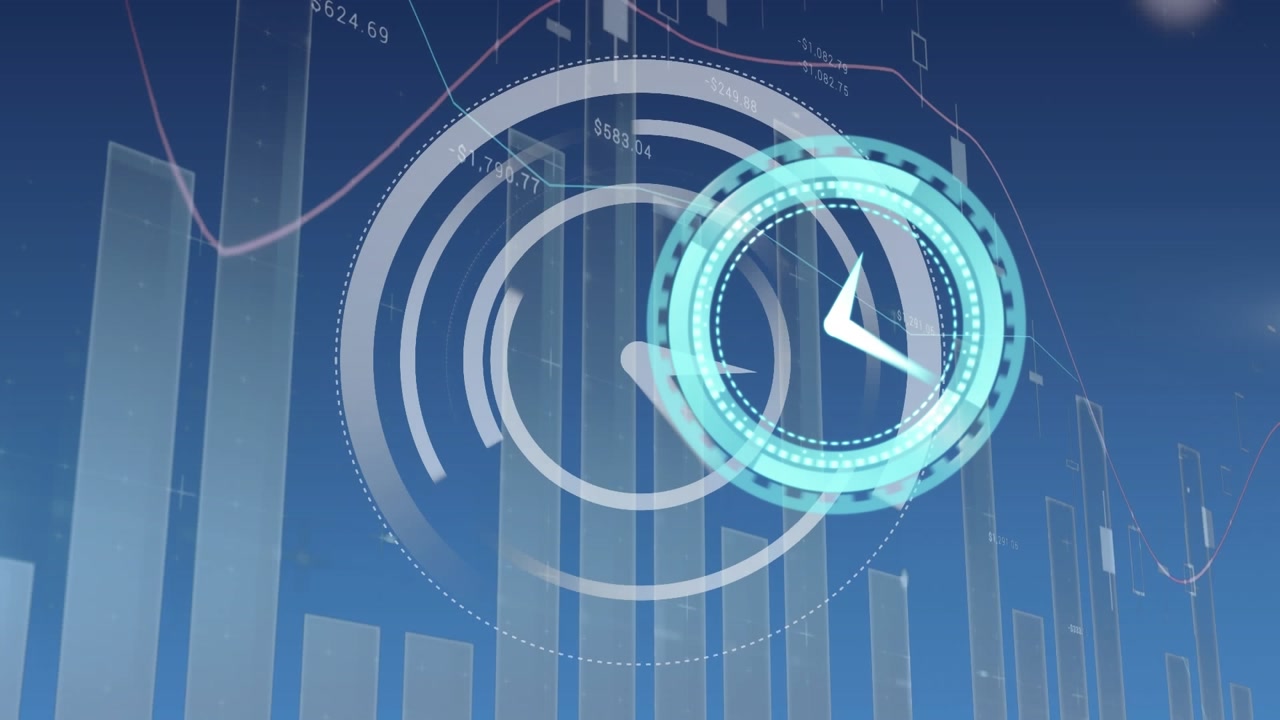 Digital clock video with graphs on alpha channel showcases global tech data processing.