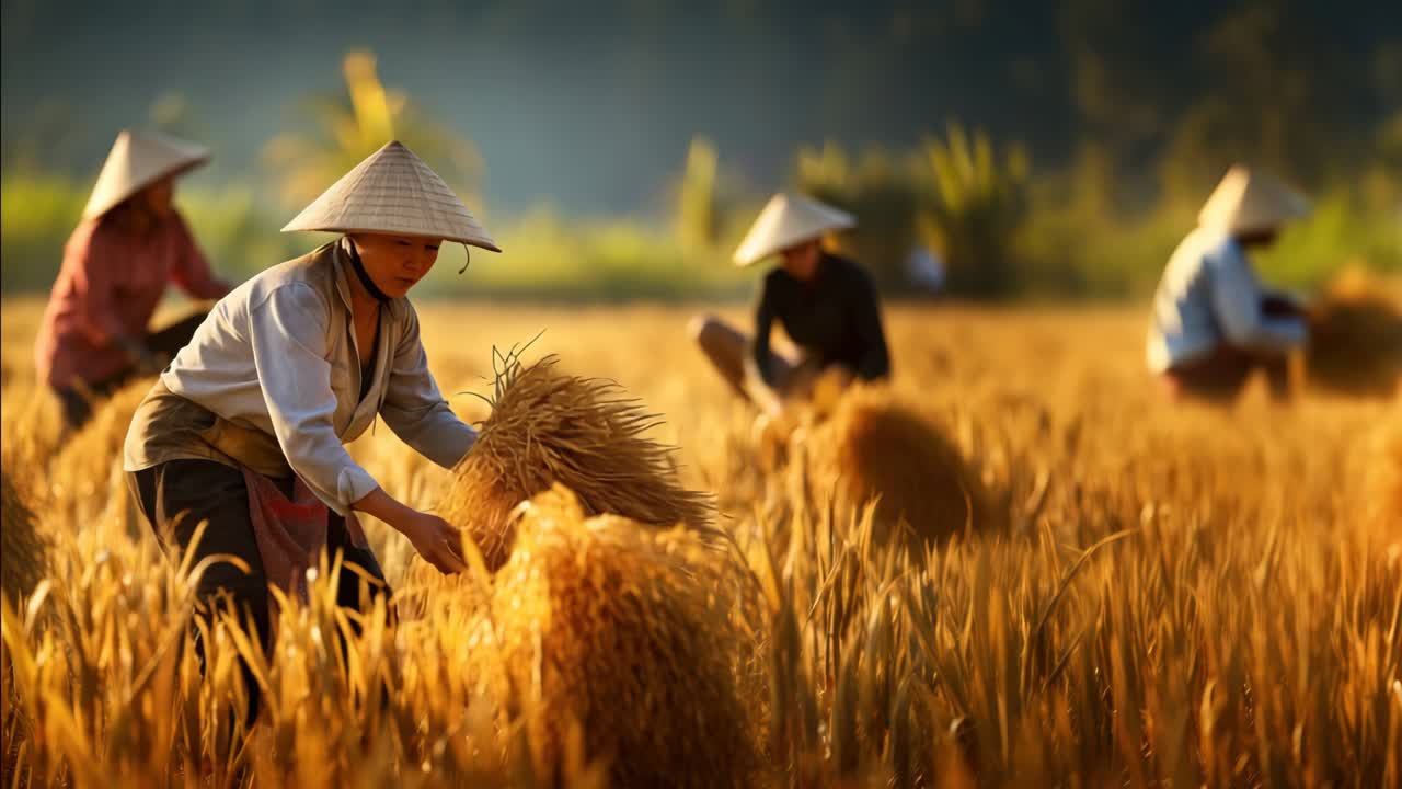 A serene video still of farmers harvesting rice in golden fields