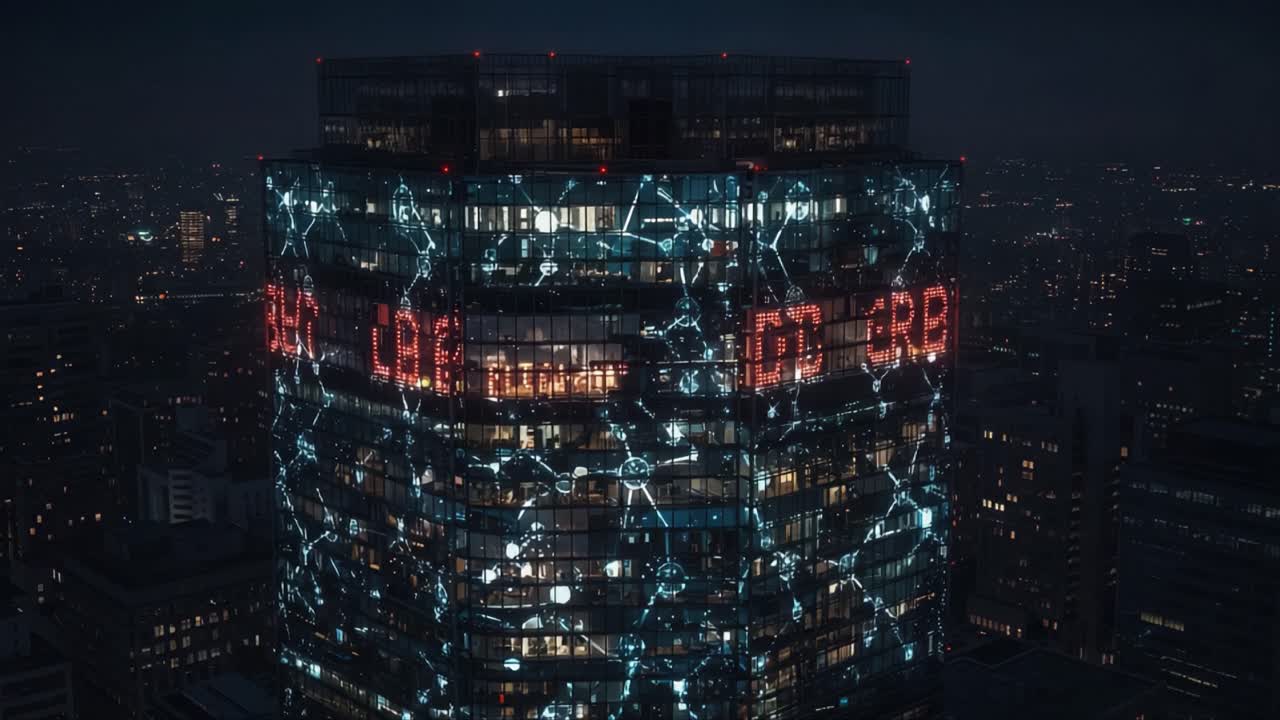 Un grattacielo futuristico illuminato da motivi digitali e luci al neon, catturato in una dinamica scena notturna di paesaggio urbano che esprime sofisticazione e progressi tecnologici