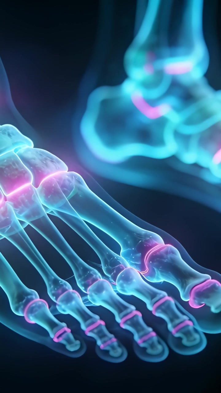 Vertical video: Animating 3D foot skeleton pulsing magenta joint rings during camera pan for study