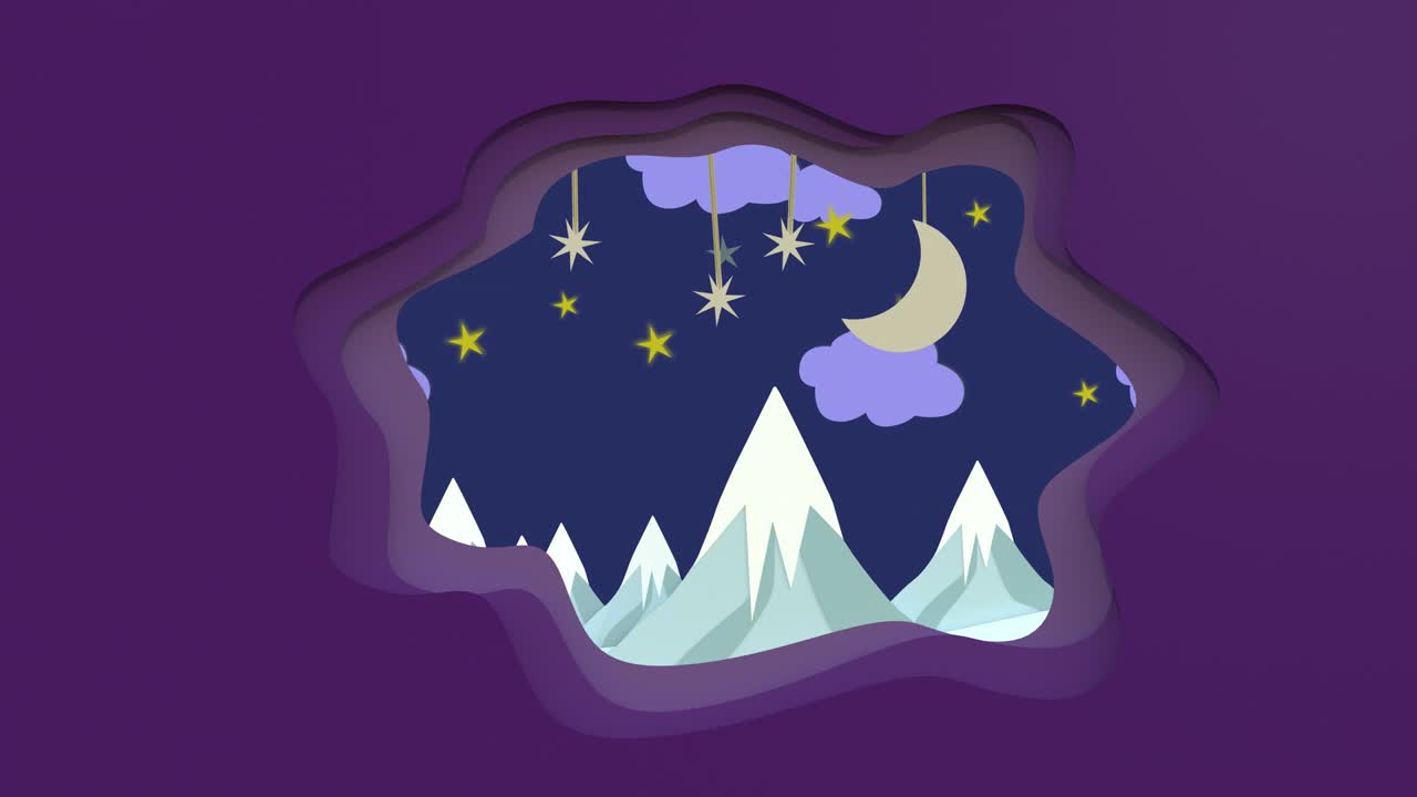 Animazione in movimento, le alte montagne di notte nell'inquadratura. I secondi 2-8 possono essere tagliati per il loop.