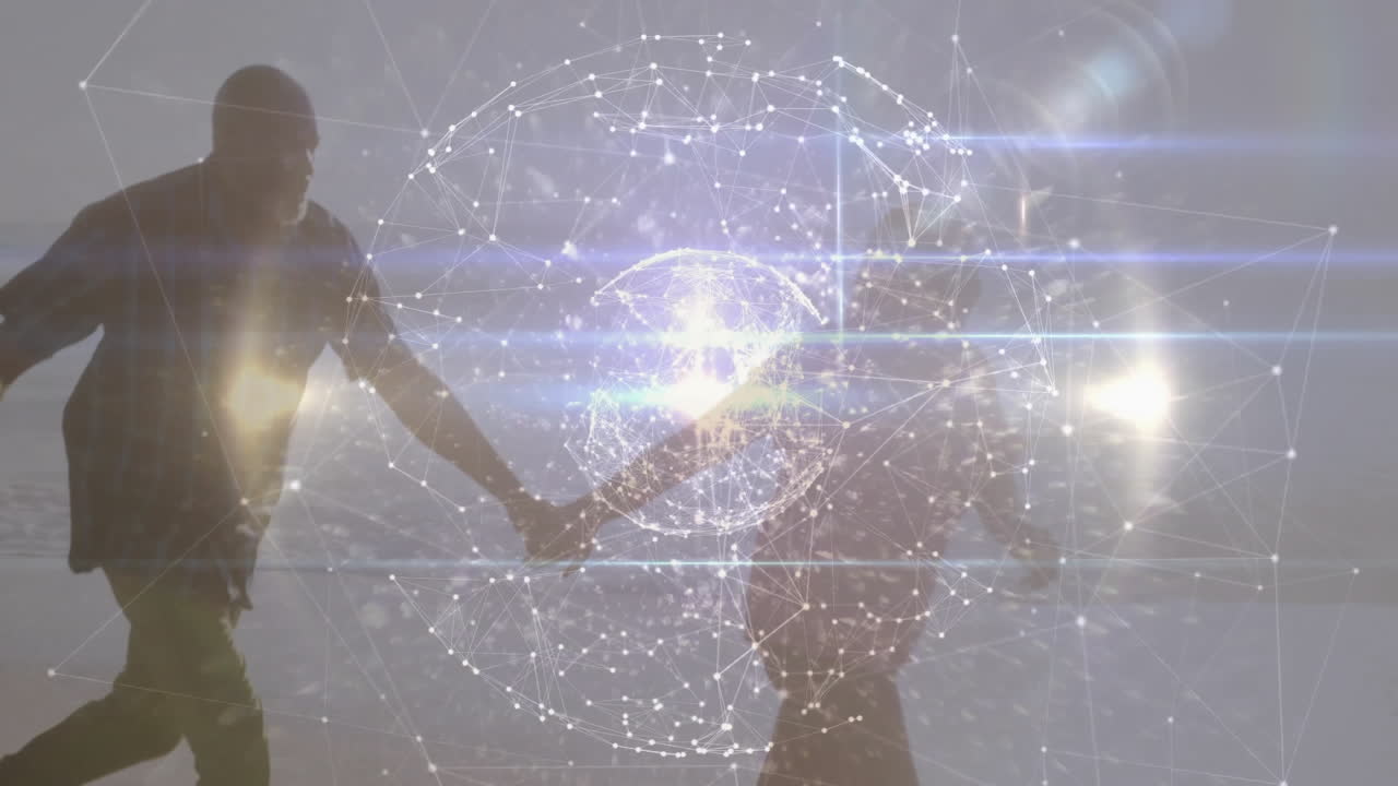 colleagues collaborating with holographic network sphere in technology scene, featuring lens flares