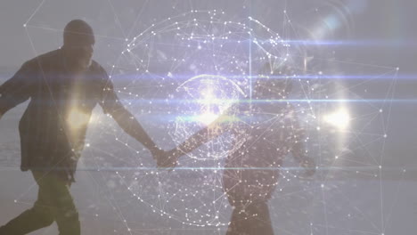 colleagues collaborating with holographic network sphere in technology scene, featuring lens flares