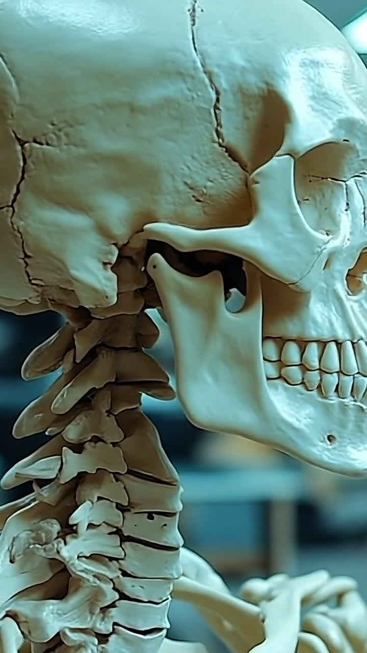 Educational display of a skeleton model. A detailed skeleton model is showcased in a classroom, highlighting anatomical features and aiding learning.