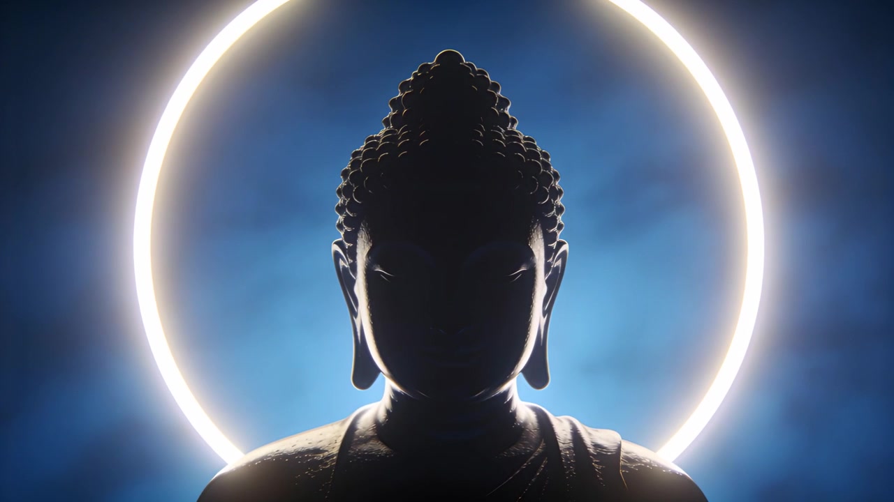 Anello luminoso pulsante che si illumina dietro un busto di Buddha con veste drappeggiata in studio, rivelando i contorni.
