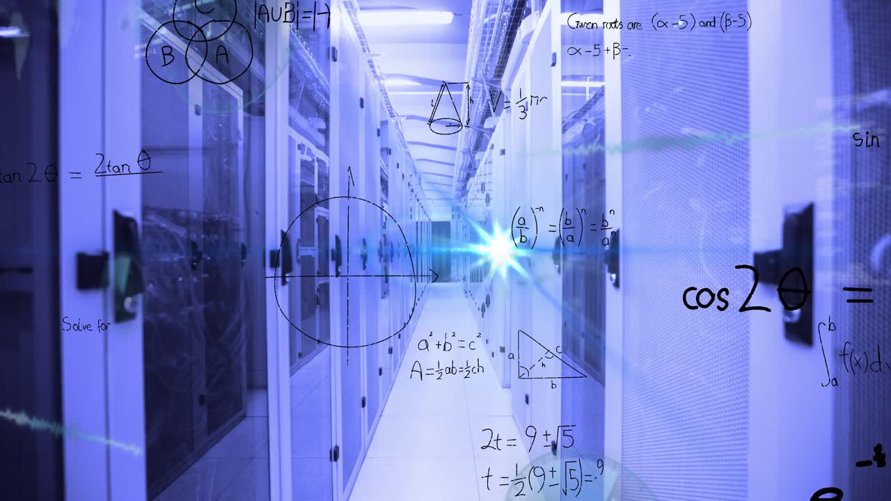Digital animation showcases math problems and data processing on a world map