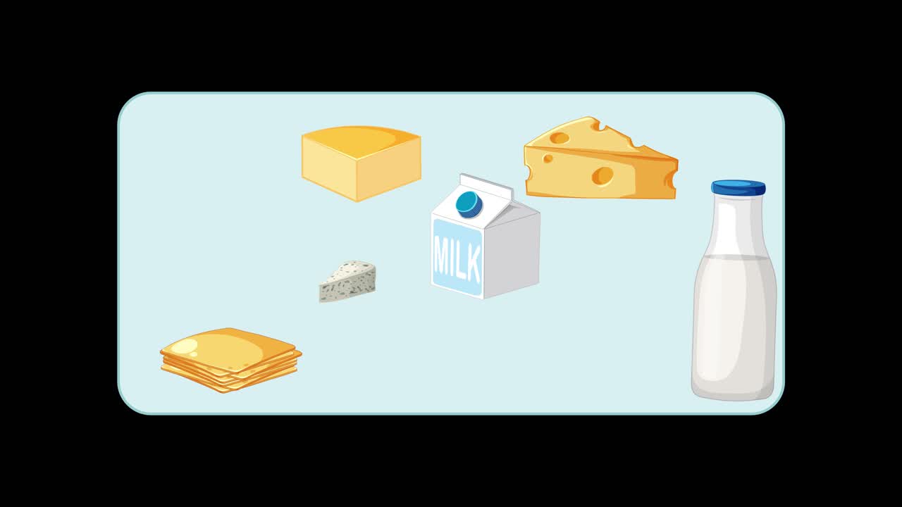 Various dairy products appear sequentially, assembling into a complete group on a black background