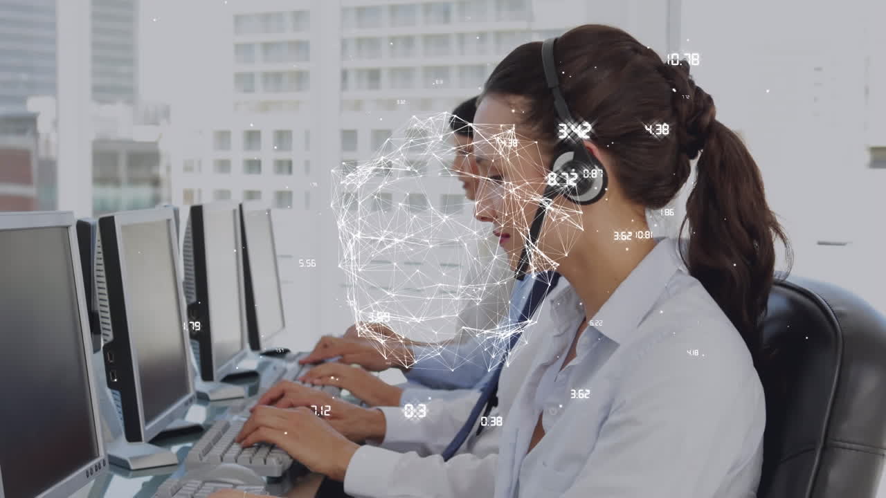 animación de redes de conexiones a través de personas de negocios que usan auriculares