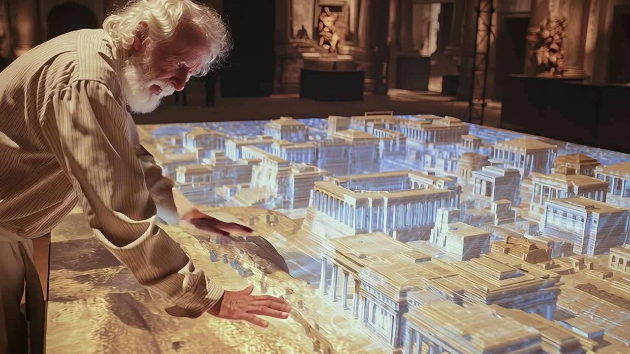 Esplorazione interattiva del modello di un'antica città durante una mostra culturale