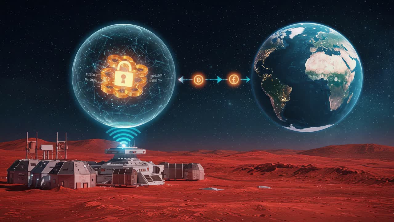 Illustration of Advanced Communication Network Between a Mars Base and Earth Featuring Secure Data Transmission in a Futuristic Setting