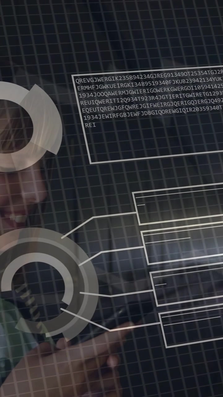 Vertical video: Child tapping phone driving clear HUD updates binary to ring charts for tech data