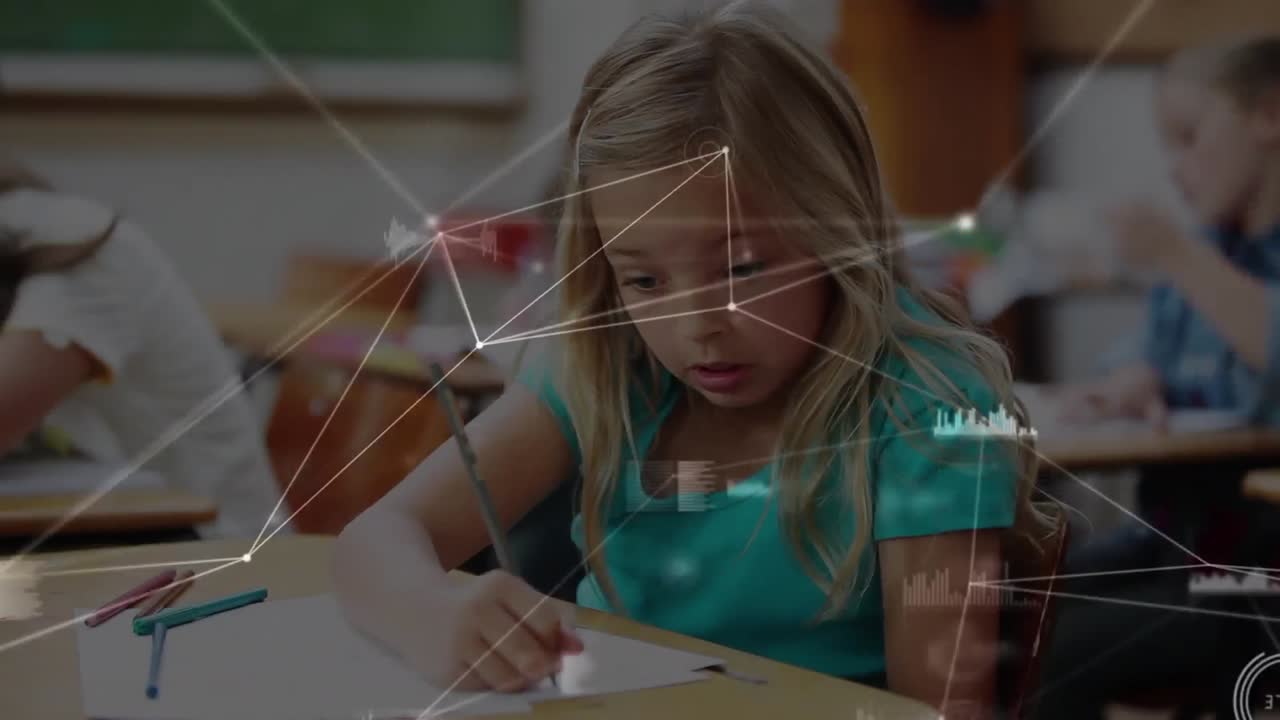 Animation of network of connections over schoolgirl writing