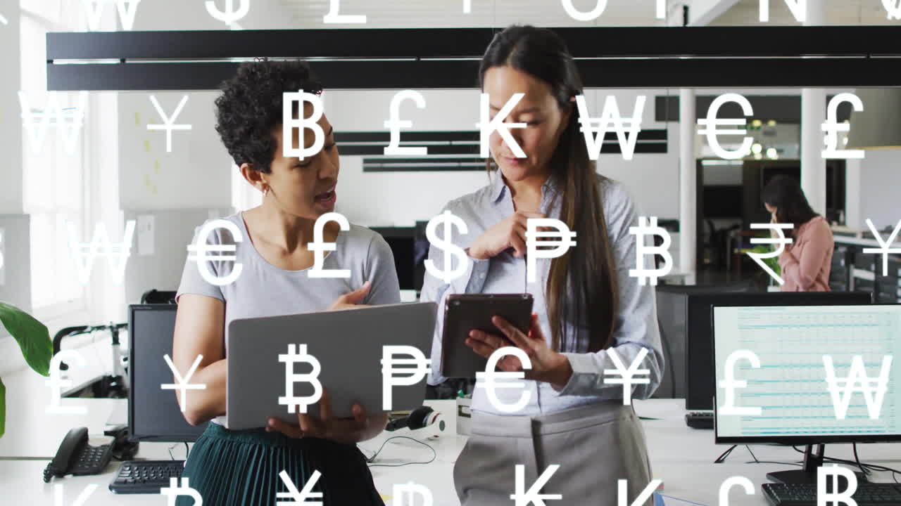 Animation of currency icons and data processing over diverse businesspeople in office