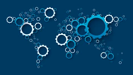 fondo industrial con mapa del mundo de ruedas dentadas blancas y azules animación de bucle