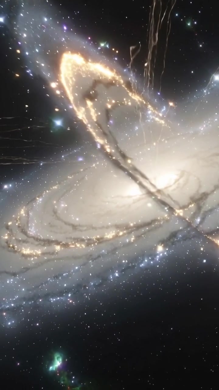 Vertical video: Flaring jet sparking spiral galaxy expelling ribbon in deep space above core nebula