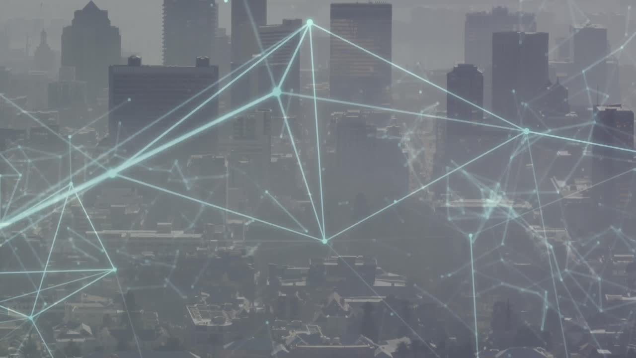 Animation of network of connections data processing over cityscape