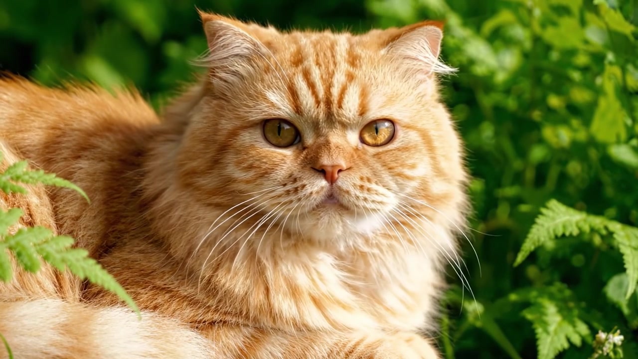 Un bellissimo gatto rosso che si rilassa tra una vegetazione lussureggiante: catturando il momento sereno di un felino persiano in un ambiente naturale