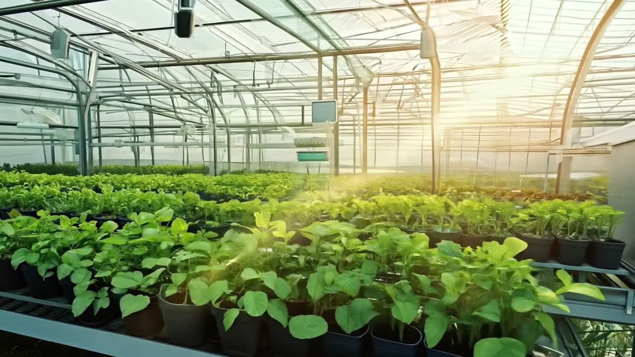 Inside a commercial greenhouse with rows of plants in pots