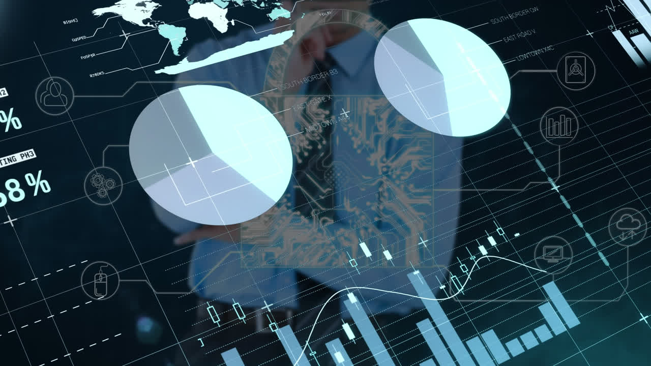 animación del procesamiento de datos y estadísticas en pantalla sobre el candado de seguridad en línea