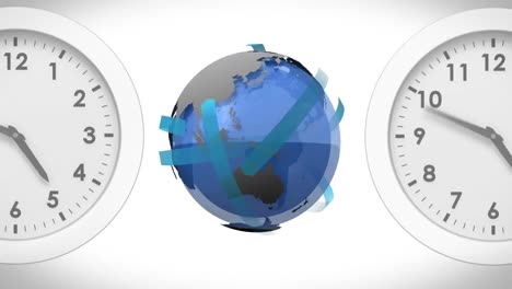 globe between clocks