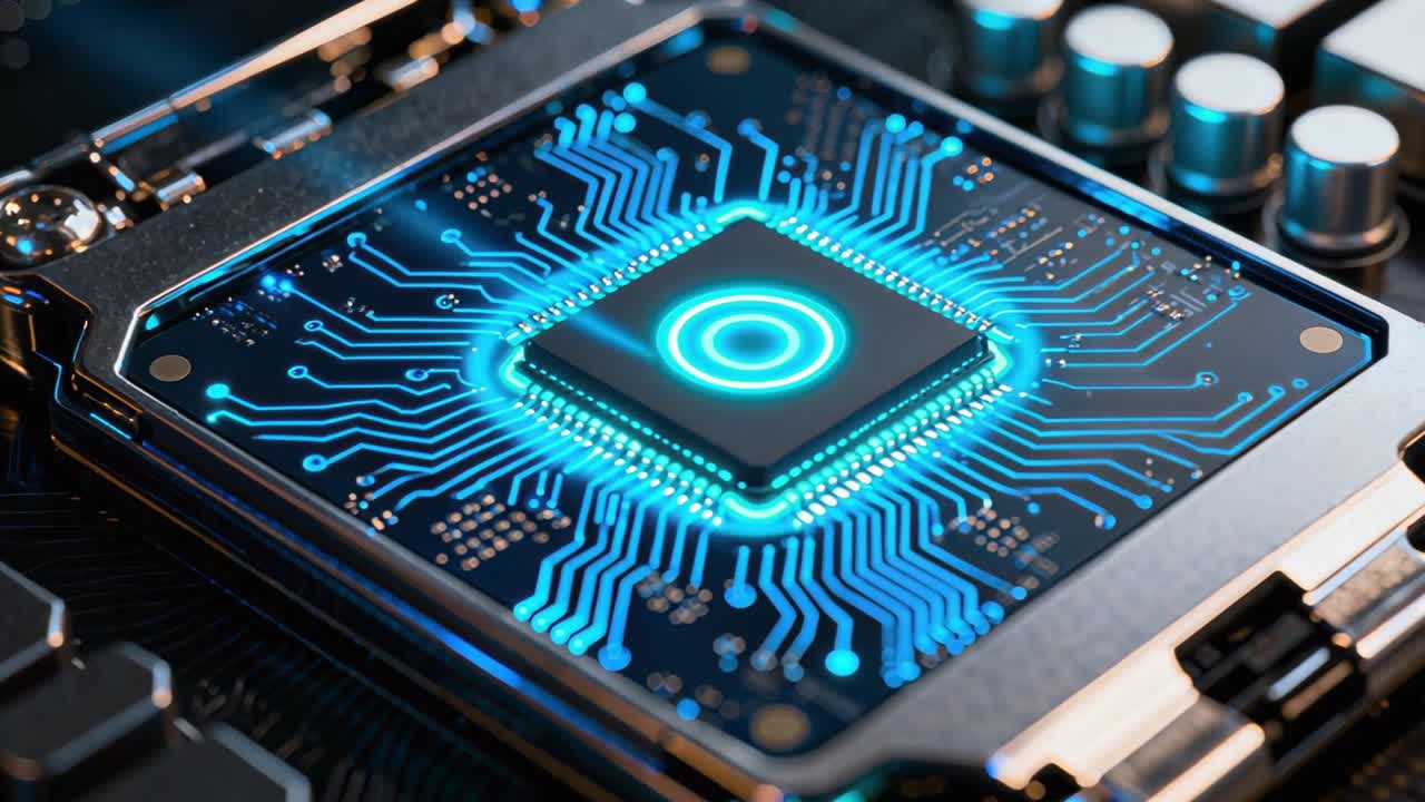 Glødende computerprocessor på bundkort med blå kredsløb.