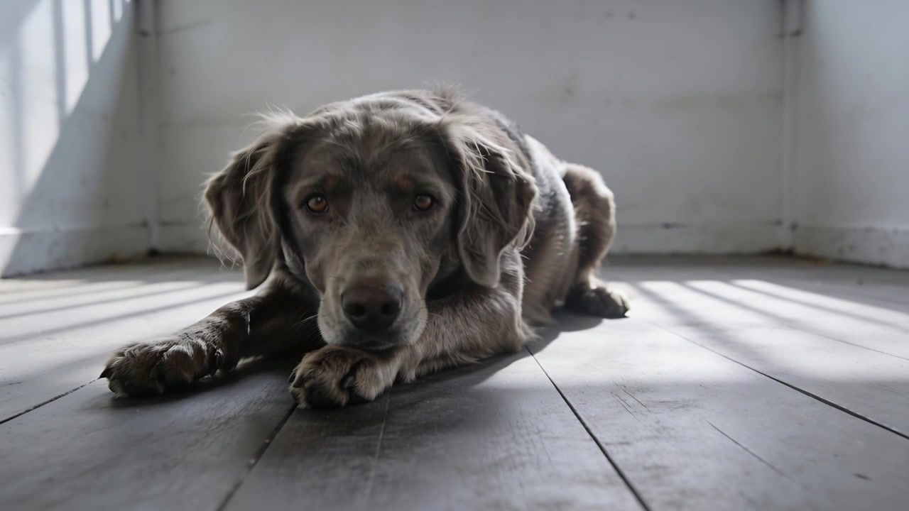 Abrindo os olhos para a luz do sol, cachorro marrom-acinzentado levantando a cabeça, movendo as patas no chão de madeira, com listras de luz da janela.
