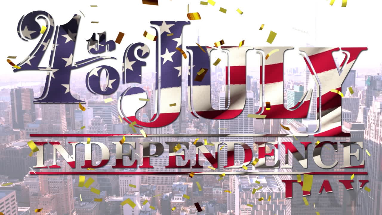 7월 4일 애니메이션: 텍스트, 콘페티, 미국 국기, 시티스케이프