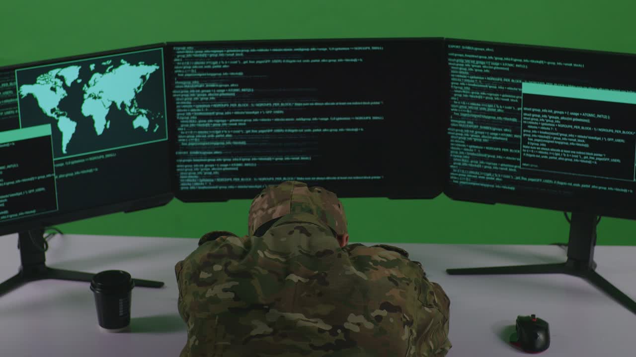 personal militar centrado en las pantallas de computadora