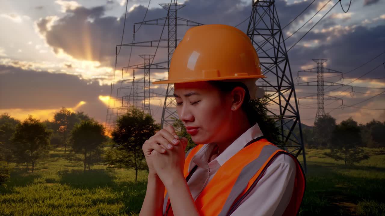 Inżynierka w kapeluszu modląca się o zachodzie słońca w pobliżu linii energetycznych