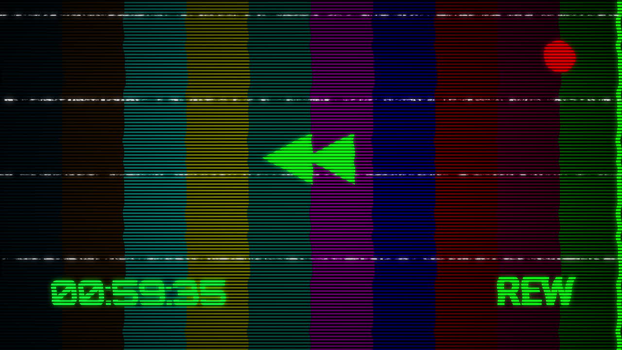 Retro VHS Rewind Display with Colorful Glitch Effect