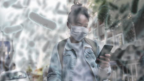 animation of covid 19 cells moving over woman in face mask