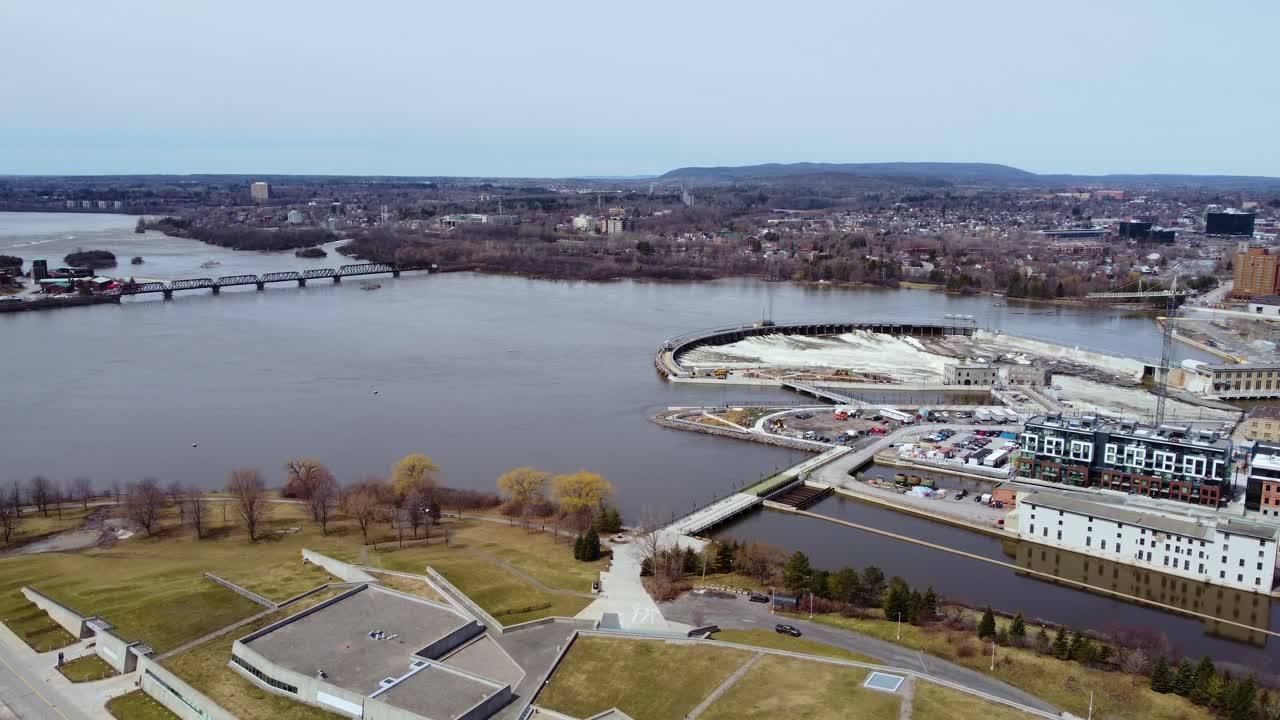 Aerial view of the Ottawa River with a hydro dam
