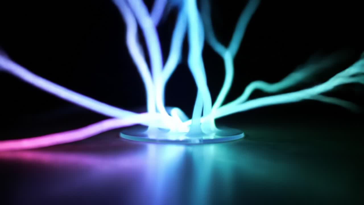 Captivating Visual of Electric Light Tendrils Emanating from a Central Point, Creating a Dynamic Display of Colorful Waves and Luminescence in a Dark Setting