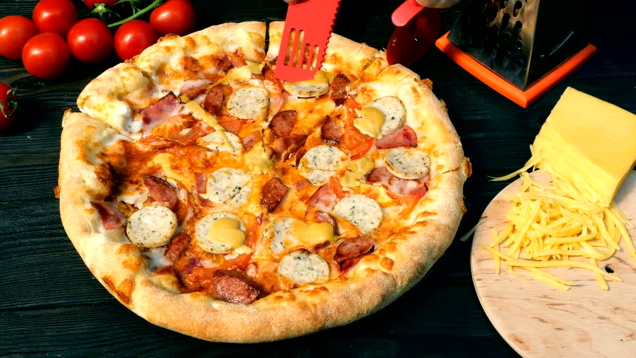 Hands clumsily cut off pizza, on slices, with sausage, tomato and cheese, with special knife.