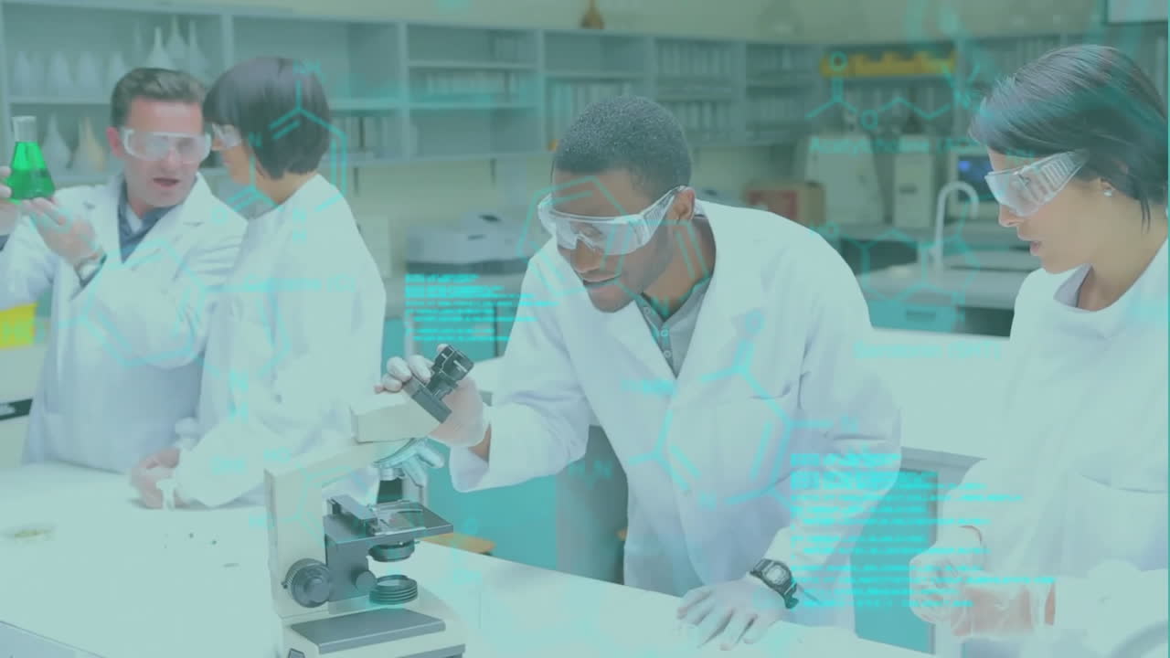 animación de procesamiento de datos y fórmula química sobre diversos científicos que trabajan en el laboratorio