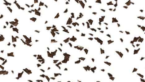 volando muchas piezas de chocolate en fondo negro. alimentos y dulces. leche y oscuro. animación de bucle 3d de chocolate girando.