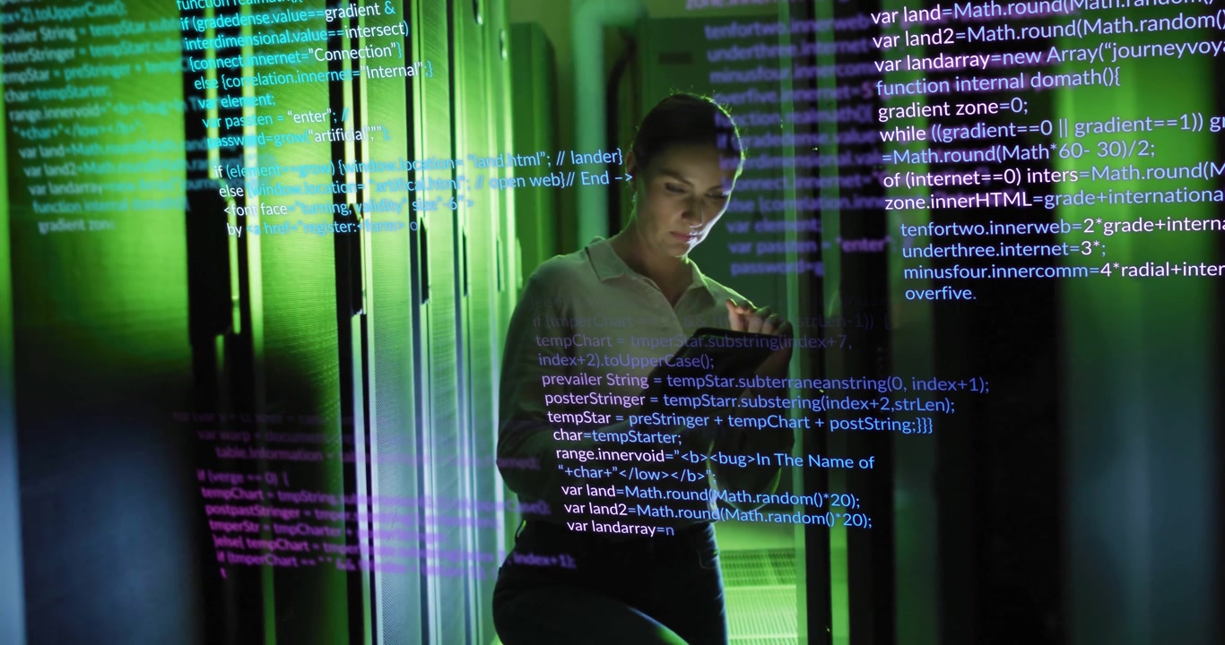 Programming code animation over woman using smartphone in server room