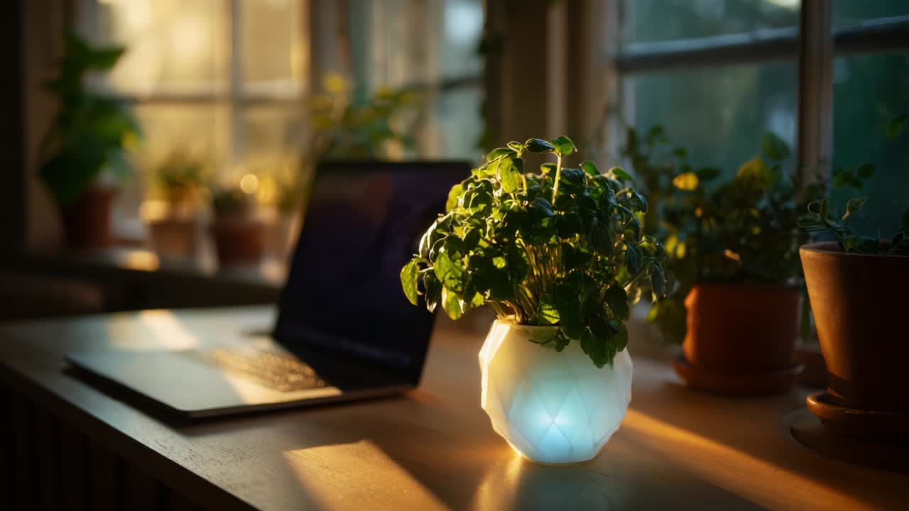 A Serene Evening Scene Featuring a Lively Potted Plant Illuminated by Soft Light, Captured in a Cozy Workspace with a Laptop and Flourishing Greenery, Creating a Tranquil Atmosphere for Inspiration