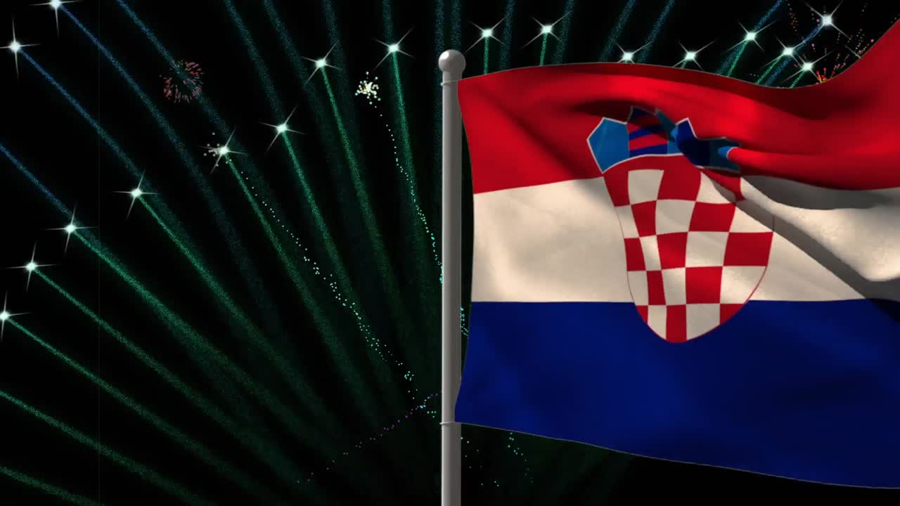 검은 바탕에 불꽃놀이 위에 크로아티아의  ⁇ 발의 애니메이션