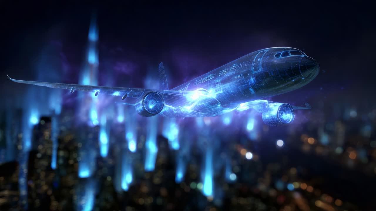 A futuristic digital representation of an airplane soaring through a neon-lit urban skyline at night, showcasing advanced technology with glowing trails and holographic effects, symbolizing innovation and flight