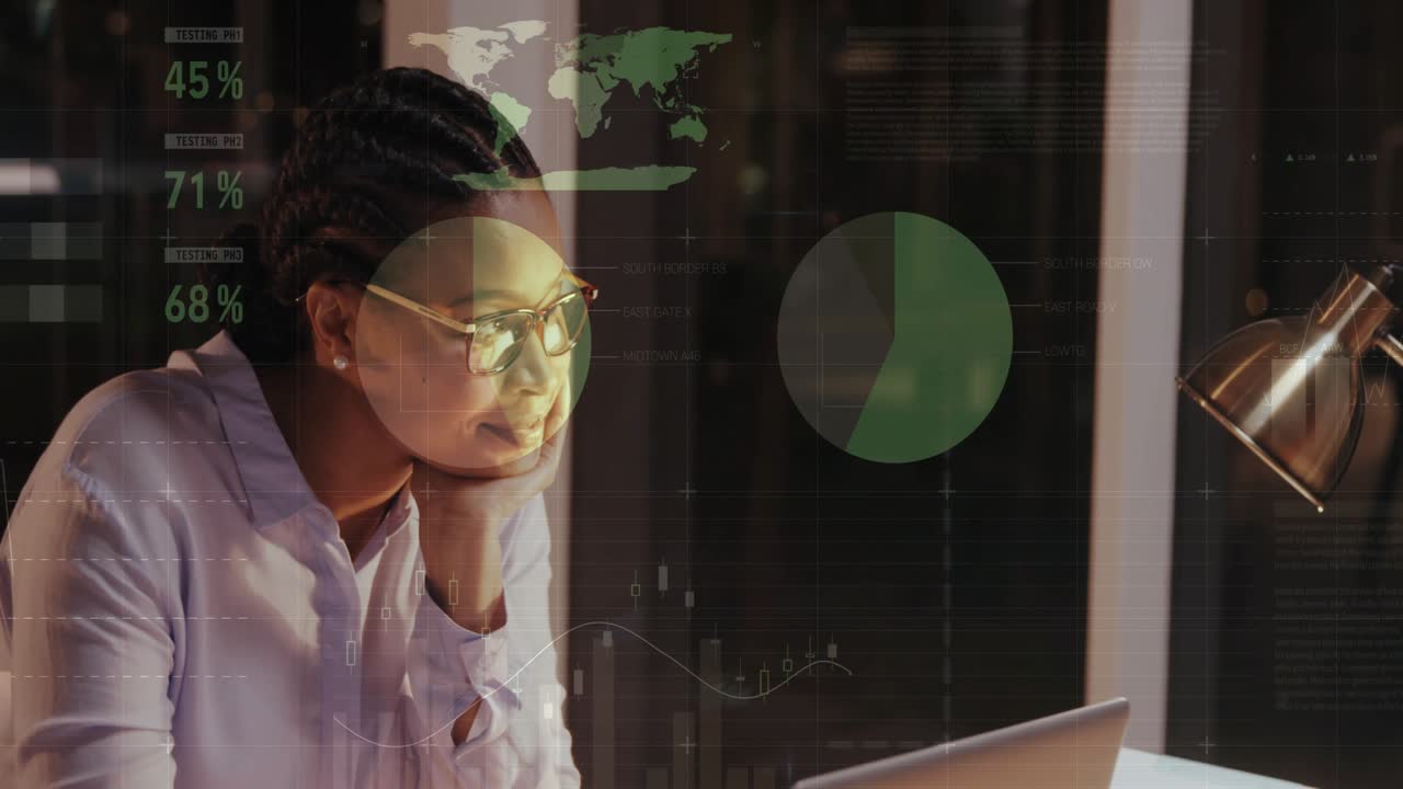 Woman studying laptop at night, overlaid data charts growing, causing her leaning forward typing