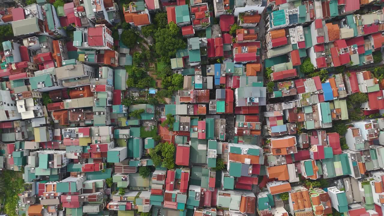 Top-down view of Hanoi, Vietnam, showcasing a residential area with dense housing