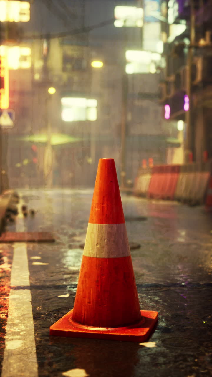 밤 에 도시 의 은 거리 에 있는 교통 콘