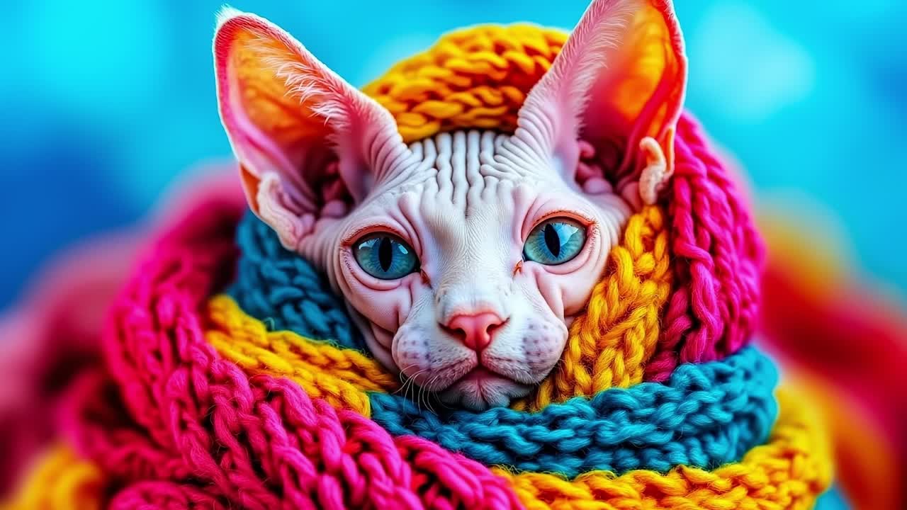 A cat wearing a colorful scarf on a blue background
