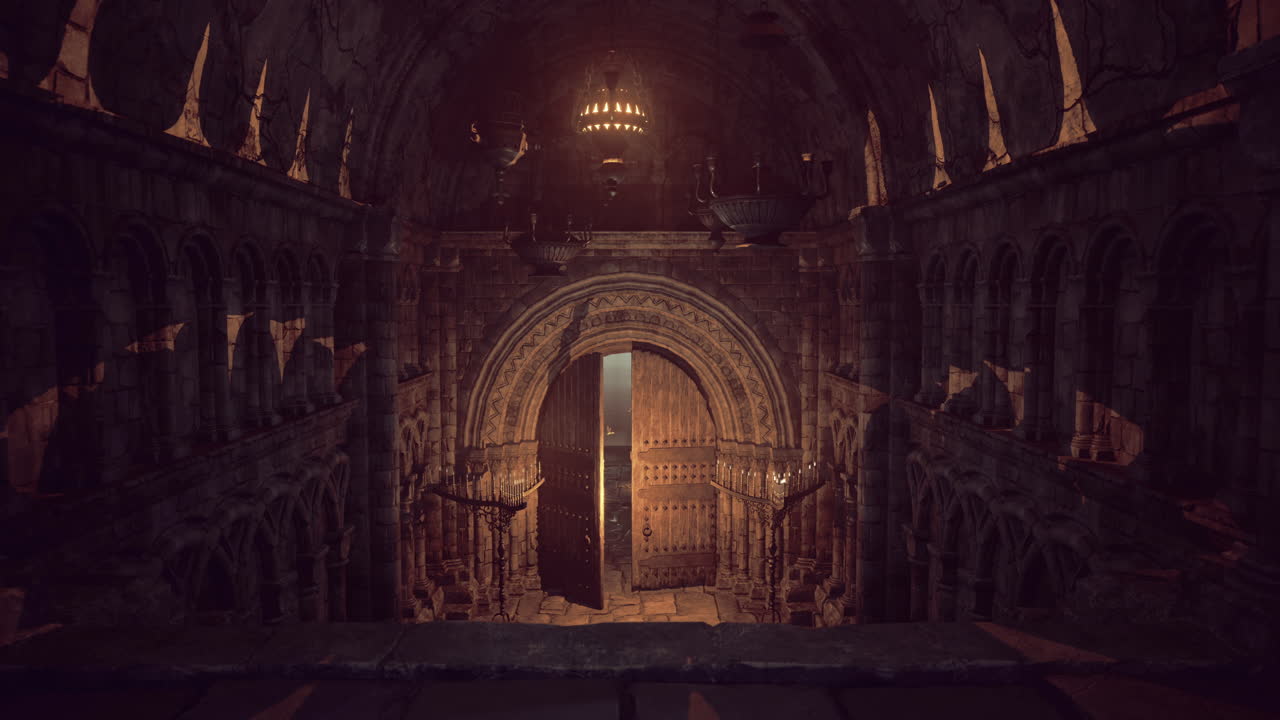 Mysterious ancient hall with intricate architecture and glowing doorway