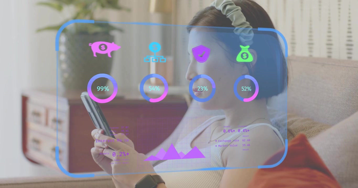 Camera panning revealing woman tapping smartphone near potted plant refreshing AR finance gauges