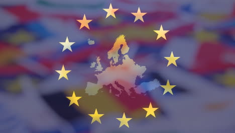 yellow stars spinning around eu map against flags of european countries